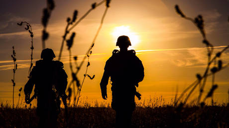 Silhouette Army Soldiers Standing On Field During Sunset