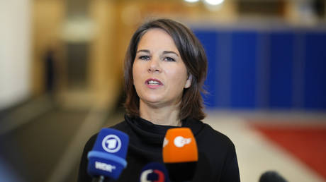 German Foreign Minister Annalena Baerbock speaks with the media in Prague, August 31, 2022.