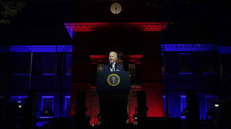 President Joe Biden speaks outside Independence Hall, Philadelphia, September 1, 2022