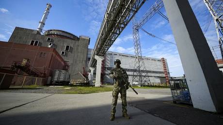 FILE PHOTO: A Russian serviceman stands guard near the Zaporizhzhia Nuclear Power Plant, southeastern Ukraine. © AP Photo