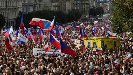 Tens of thousands of demonstrators gather to protest against the government at the Wenceslas Square in Prague, Czech Republic on September 3, 2022.