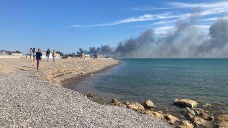 Smoke from an explosion in the Crimean village of Novofedorovka.