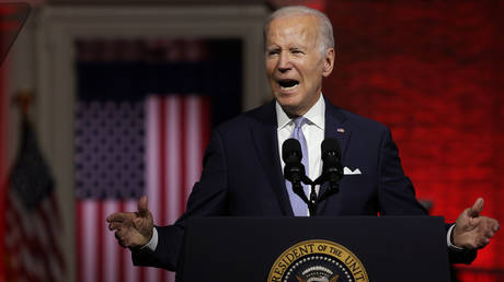 US President Joe Biden delivers a primetime speech at Independence National Historical Park in Philadelphia, Pennsylvania,  September 1, 2022.