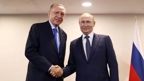FILE PHOTO. Recep Tayyip Erdogan ) meets Vladimir Putin in Tehran, Iran. ©Murat Kula / Anadolu Agency via Getty Images