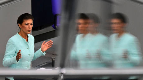 FILE PHOTO. Sahra Wagenknecht speaks during a debate at the Bundestag.