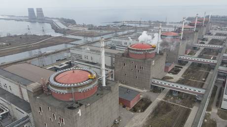 This aerial view shows the Zaporozhye nuclear power plant located in the steppe zone on the shore of the Kakhovsky reservoir in the city of Energodar, Zaporozhye region, Ukraine.