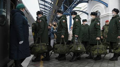 FILE PHOTO: Recruits at the Sevastopol railway station before the departure of the train with conscripts for further military service in the Armed Forces of the Russian Federation.