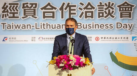 Paulius Lukauskas gives a speech during a Taiwan-Lithuania Business Day event in Taipei on September 12, 2022