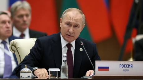 Russian President Vladimir Putin addresses the Shanghai Cooperation Organisation (SCO) leaders' summit in Samarkand on September 16, 2022.