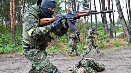Fighters of the territorial defence unit take part in an exercise as part of the regular combat tactics classes.