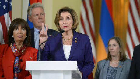 US House Speaker Nancy Pelosi holds a press conference in the Parliament in Yerevan