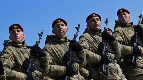 Russian servicemen take part in rehearsals for the Victory Day parade.