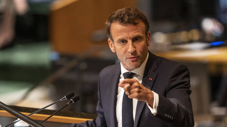 Emmanuel Macron, President of the French Republic speaks at the 77th General Assembly of the United Nations at UN Headquarters.