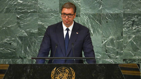 Serbian President Aleksandar Vucic addresses the 77th session of the United Nations General Assembly at the UN headquarters in New York City on September 21, 2022.