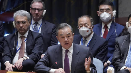 Wang Yi speaks during a high level Security Council meeting on the situation in Ukraine,