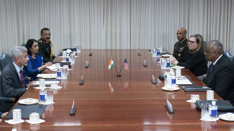 India's Foreign Minister Subrahmanyam Jaishankar and US Secretary of Defense Lloyd Austin meet at the Pentagon, September 26, 2022