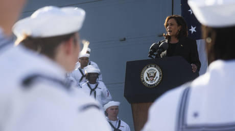 US Vice President Kamala Harris speaks during her visit onboard USS Howard at the naval base in Yokosuka, Kanagawa Prefecture on September 28, 2022.