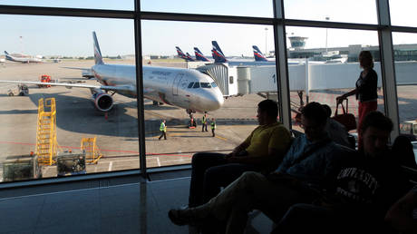 FILE PHOTO: A Russian Aeroflot plane as seen through a window of Sheremetyevo airport in Moscow, Russia.