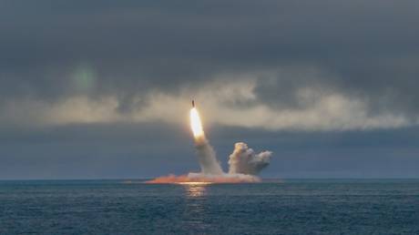 Launch of the Bulava ballistic missile in the Barents Sea.