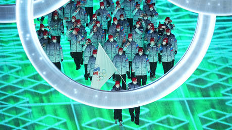 The Russian team pictured at the Winter Olympics in Beijing before sweeping bans were imposed.