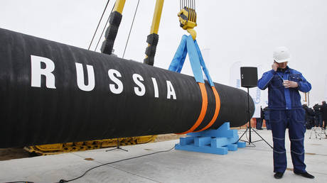 PHOTO DE DOSSIER: Un ouvrier du bâtiment russe parle sur un téléphone portable lors d'une cérémonie marquant le début de la construction du pipeline Nord Stream dans la baie de Portovaya, en Russie, le 9 avril 2010.