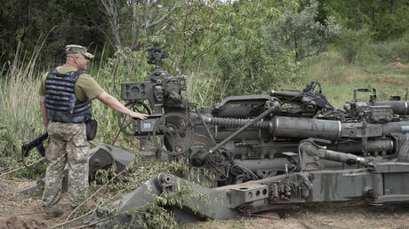 A Ukrainian soldier stands at a US-supplied M777 howitzer in the Donetsk People's Republic, June 18, 2022