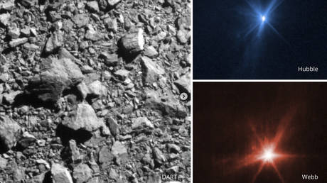 This combination of images provided by NASA shows three different views of the DART spacecraft impact on the asteroid Dimorphos on September 26, 2022