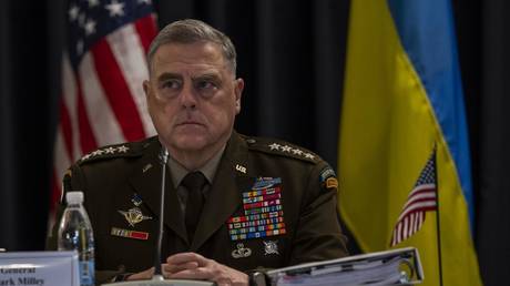 FILE PHOTO: US Chairman of the Joint Chiefs of Staff Gen. Mark Milley and officials from 50 other countries attend the Ukraine Defense Contact Group at Ramstein Air Base, Germany, September 8, 2022.