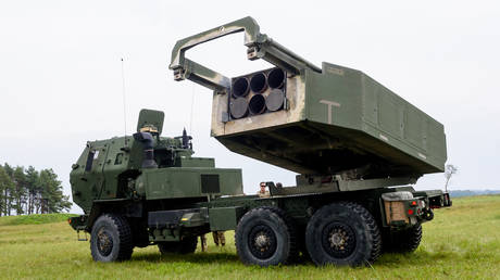 An American HIMARS multiple rocket launcher during drills in Latvia.