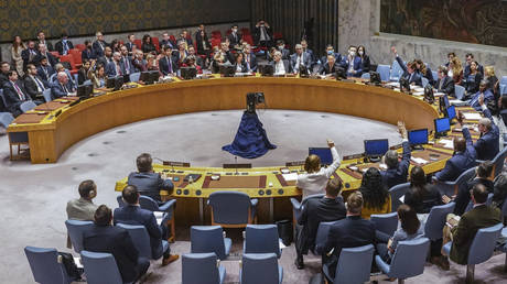 The United Nations Security Council votes on a draft resolution sanctioning Russia's planned integration of former Ukrainian territories at UN headquarters in New York, September 30, 2022
