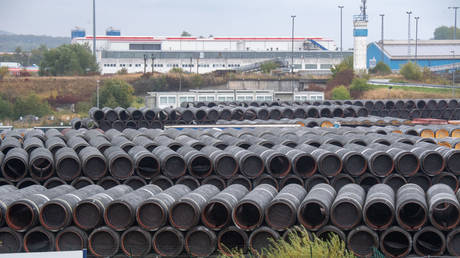 Unused pipes for the Nord Stream 2 gas pipeline are stored on the site of the Port of Mukran, September 27, 2022, Lubmin, Germany.