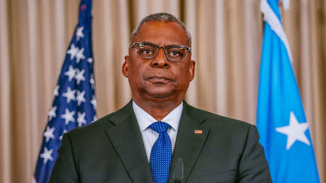 US Secretary of Defense Lloyd Austin is shown attending a press conference last month at Ramstein Air Base in Germany.