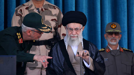 Ayatollah Ali Khamenei, center, attends a graduation ceremony at the police academy in Tehran, Iran, October 3, 2022