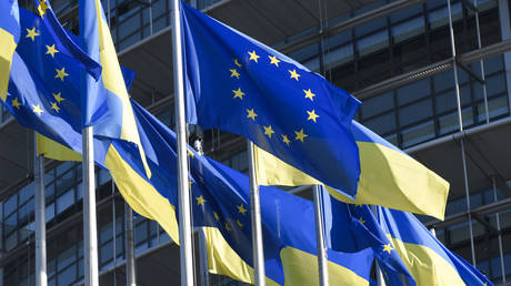 FILE PHOTO: European and Ukrainian flags fly outside the European Parliament building in Strasbourg, France, March 8, 2022.