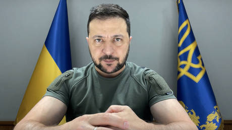 Ukrainian President Vladimir Zelensky delivering a video-address.