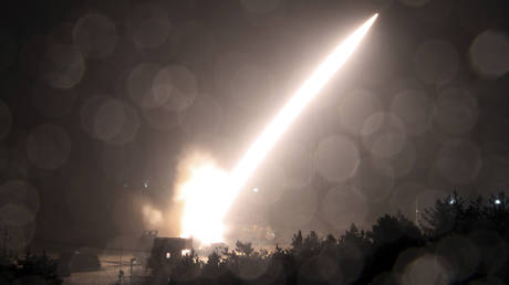 A US-made Army Tactical Missile System (ATACMS) is fired during a joint military drill between the United States and South Korea at an undisclosed location in South Korea, October 5, 2022.