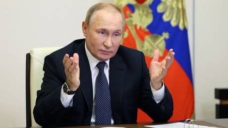 Russian President Vladimir Putin talks to participants of a teachers' competition via a video conference.