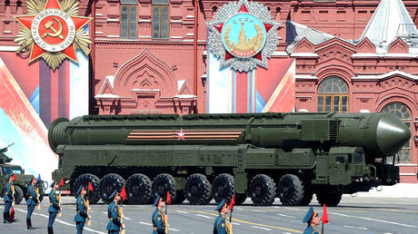 FILE PHOTO: Russian soldiers display the RS-24 Yars long-range nuclear missile during the annual Victory Day military parade.