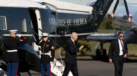 US President Joe Biden arrives at the Monmouth Executive Landing Zone in Wall Township, New Jersey, October 6, 2022.
