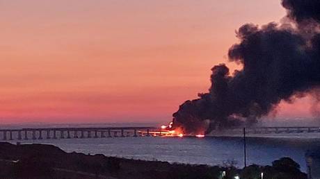 A smoke rising from a fire on Crimean Bridge.
