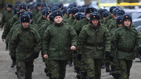 Men called up for military service during partial mobilization.