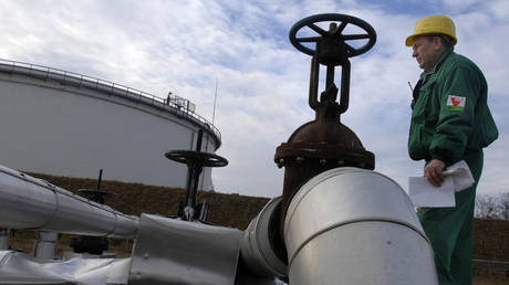 Hungarian Oil and Gas Company engineer checks the receiving area of the Druzhba oil pipeline at Szazhalombata refinery, Hungary