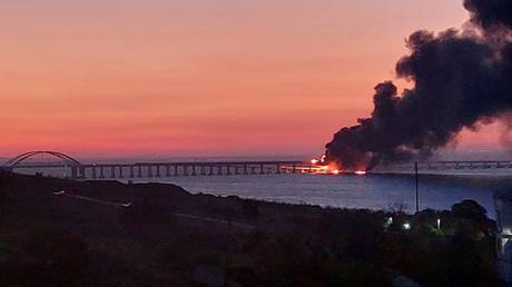 Smoke rising from a fire on Crimean Bridge on October 8, 2022