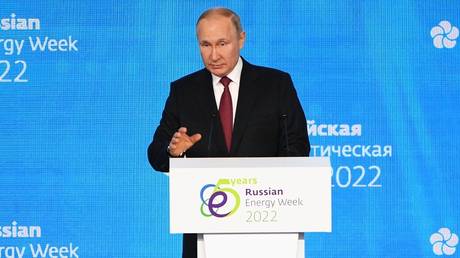 Russian President Vladimir Putin addresses the audience during the Russian Energy Week forum in Moscow