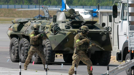 FILE PHOTO: Belarusian KGB agents conducting a counter-terrorist drill