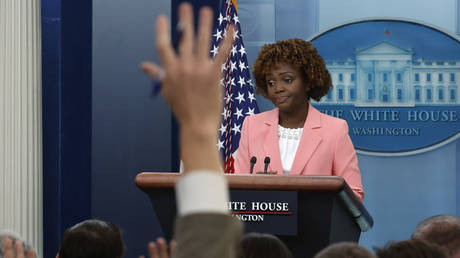 White House Press Secretary Karine Jean-Pierre talks to reporters during the daily news conference.
