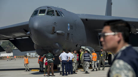 A Boeing B-52 Stratofortress is displayed during the International Air and Space Fair (FIDAE) in Santiago on April 3, 2018.