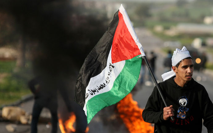 A Palestinian protestor carries the national flag during clashes with Israeli police at the entrance of the Jalama checkpoint, near the West Bank city of Jenin, on February 22, 2013.(AFP Photo / Saif Dahlah)