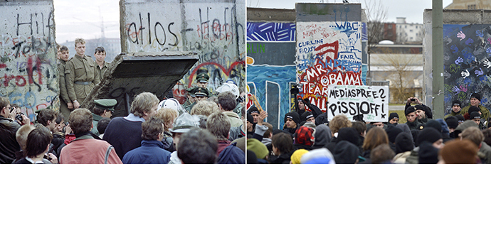 A combo shows a file photo taken on November 11, 1989 of West Berliners crowding in front of the Berlin Wall as East German border guards demolish a section of the wall in order to open a new crossing point between East and West Berlin, and a photo taken on March 1, 2013 of policemen facing protestors as a section of the East Side Gallery, a 1,3 km long remainder of the Berlin Wall. (AFP Photo / Gerard Malie / Odd Andersen)