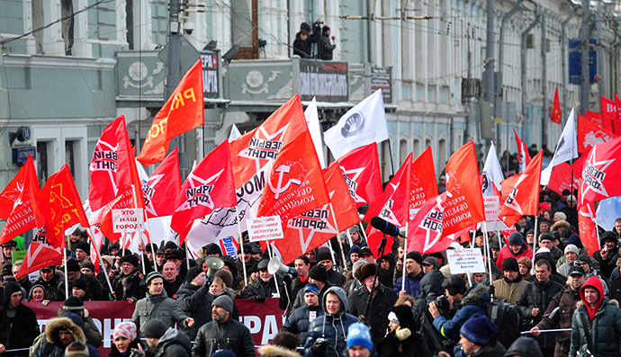 Opposition supporters march in central Moscow, March 2, 2013. Left-wing opposition groups held an anti-government rally to defend the rights of Moscow citizens. (RIA Novosti / Alexei Kudenko)